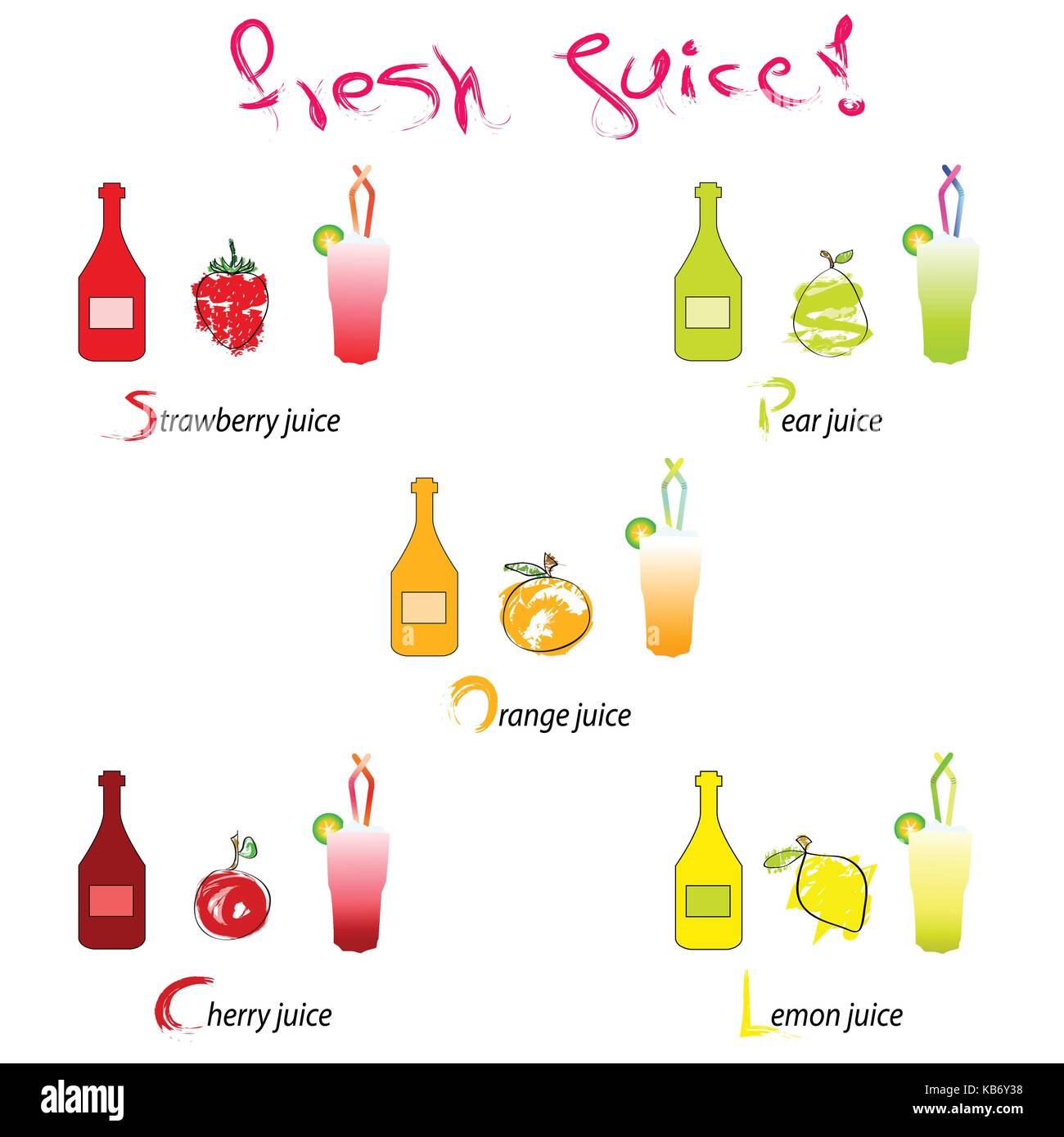 Jus frais vector illustration - fruits dessinés à la main, de bouteilles et de verres Illustration de Vecteur