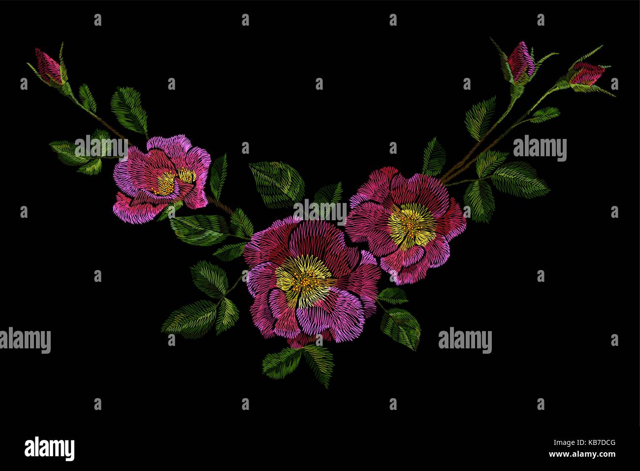 Broderie fleur rose rose briar patch. dogrose wildflower imprimer mode décoration ornement textile sur noir vector illustration Illustration de Vecteur