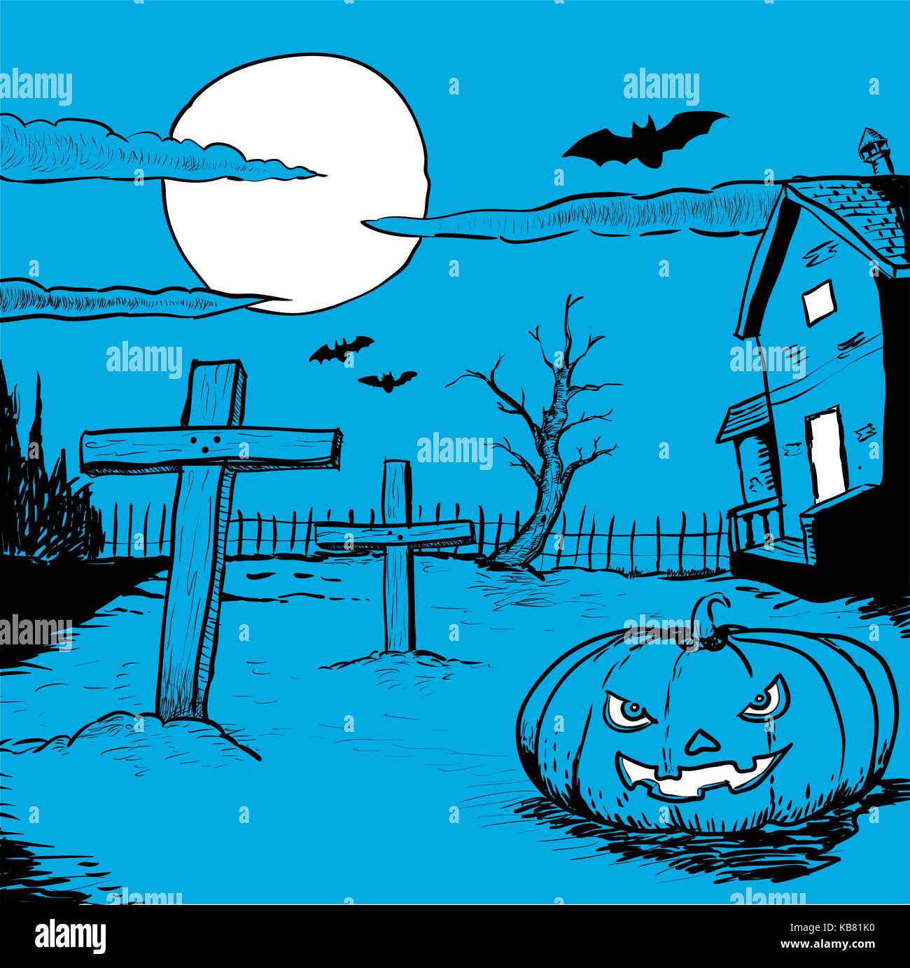 La main de l'halloween, illustration de nuit paysage mystérieux avec cimetière, tête de citrouille, les chauves-souris et la pleine lune Illustration de Vecteur
