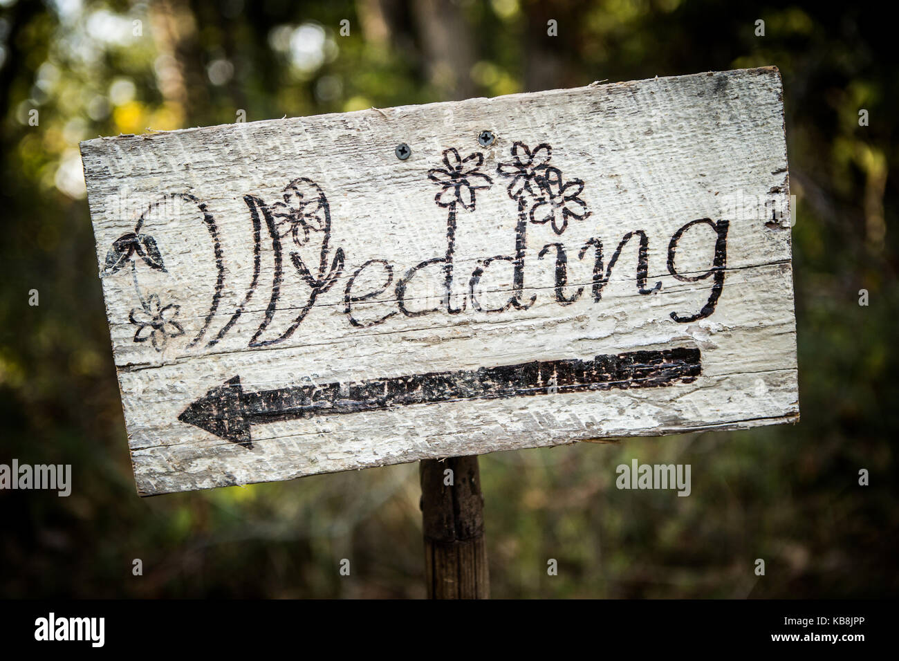 Mariage rustique maison signe placé sur une pelle dans les bois. flèche pointe vers la droite. Banque D'Images