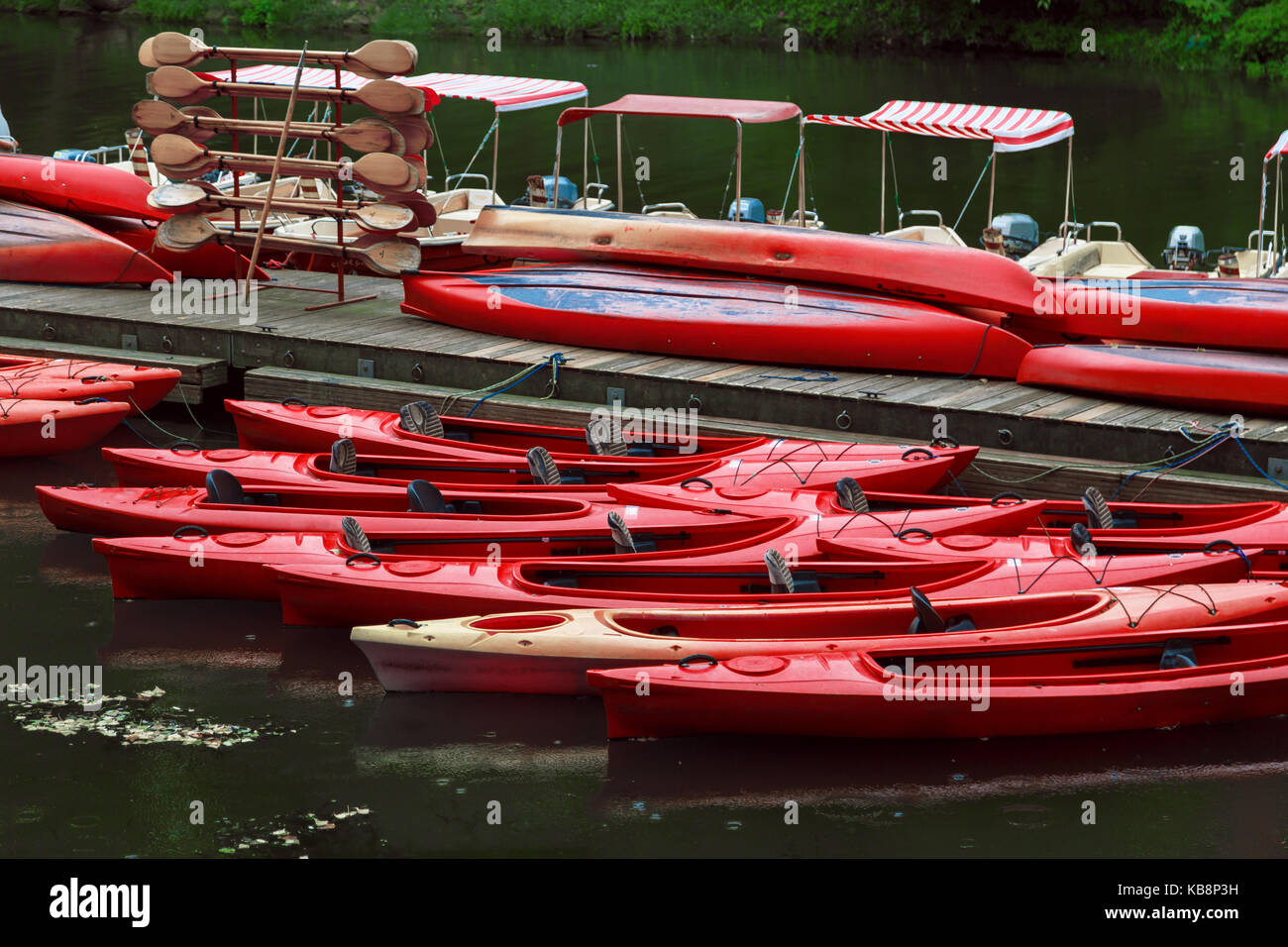 Louer des kayaks point. les bateaux rouges sur la jetée. Banque D'Images