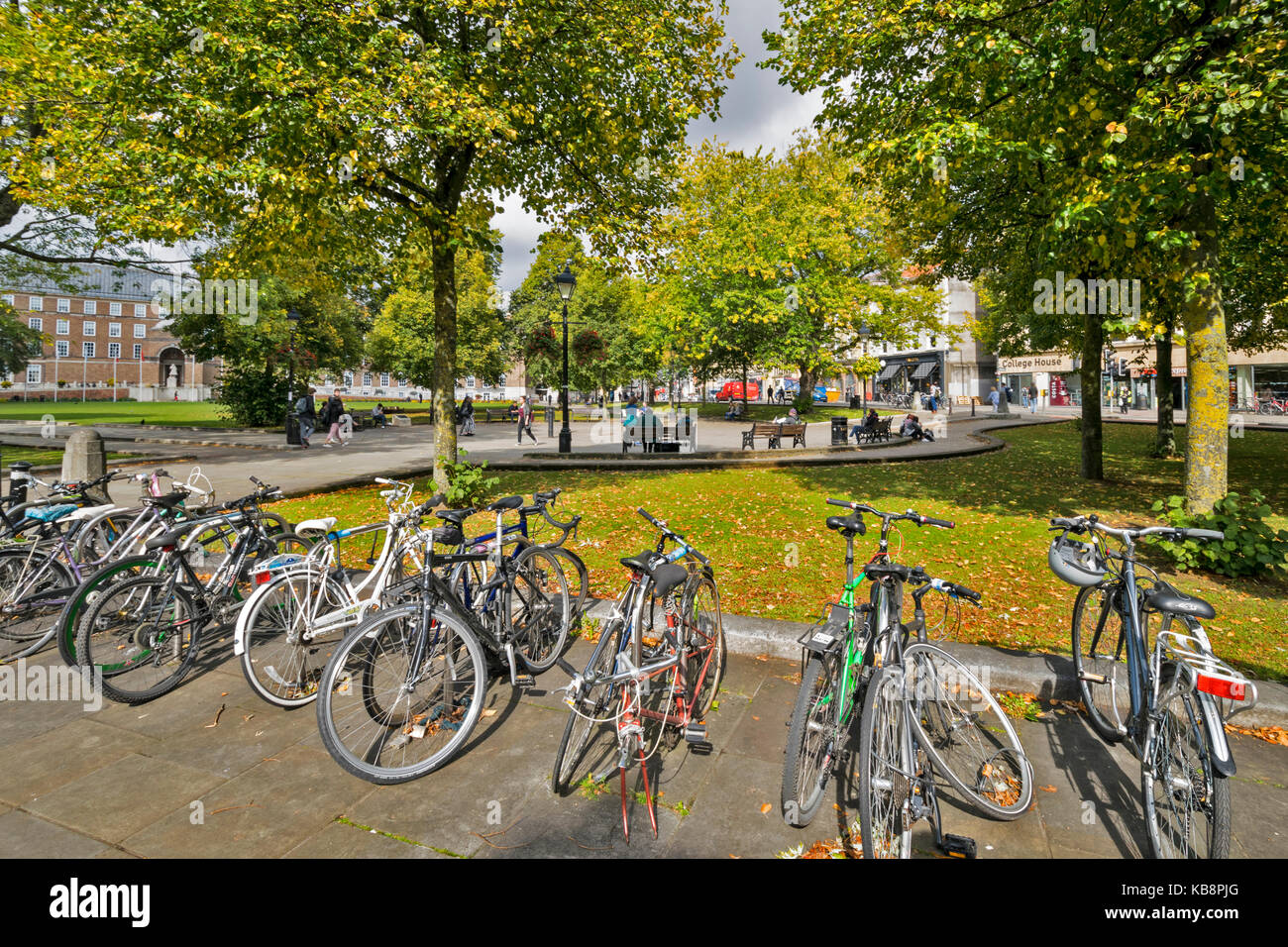 Le CENTRE-VILLE DE BRISTOL ENGLAND COLLEGE GREEN BICYCLETTES ET LES ARBRES À PROXIMITÉ DE LA CATHÉDRALE Banque D'Images