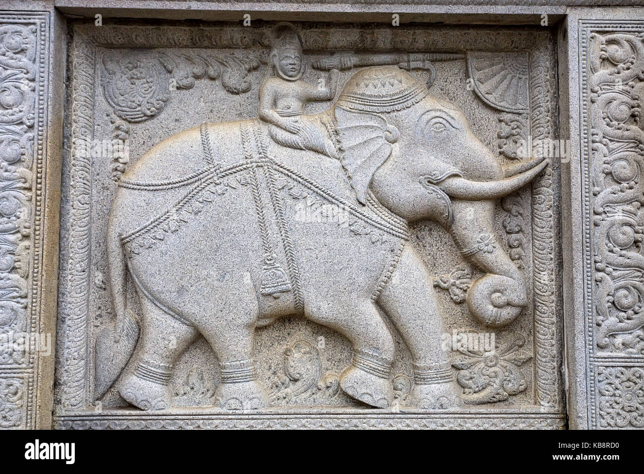 Bas-relief en pierre d'éléphants dans le temple bouddhiste Banque D'Images