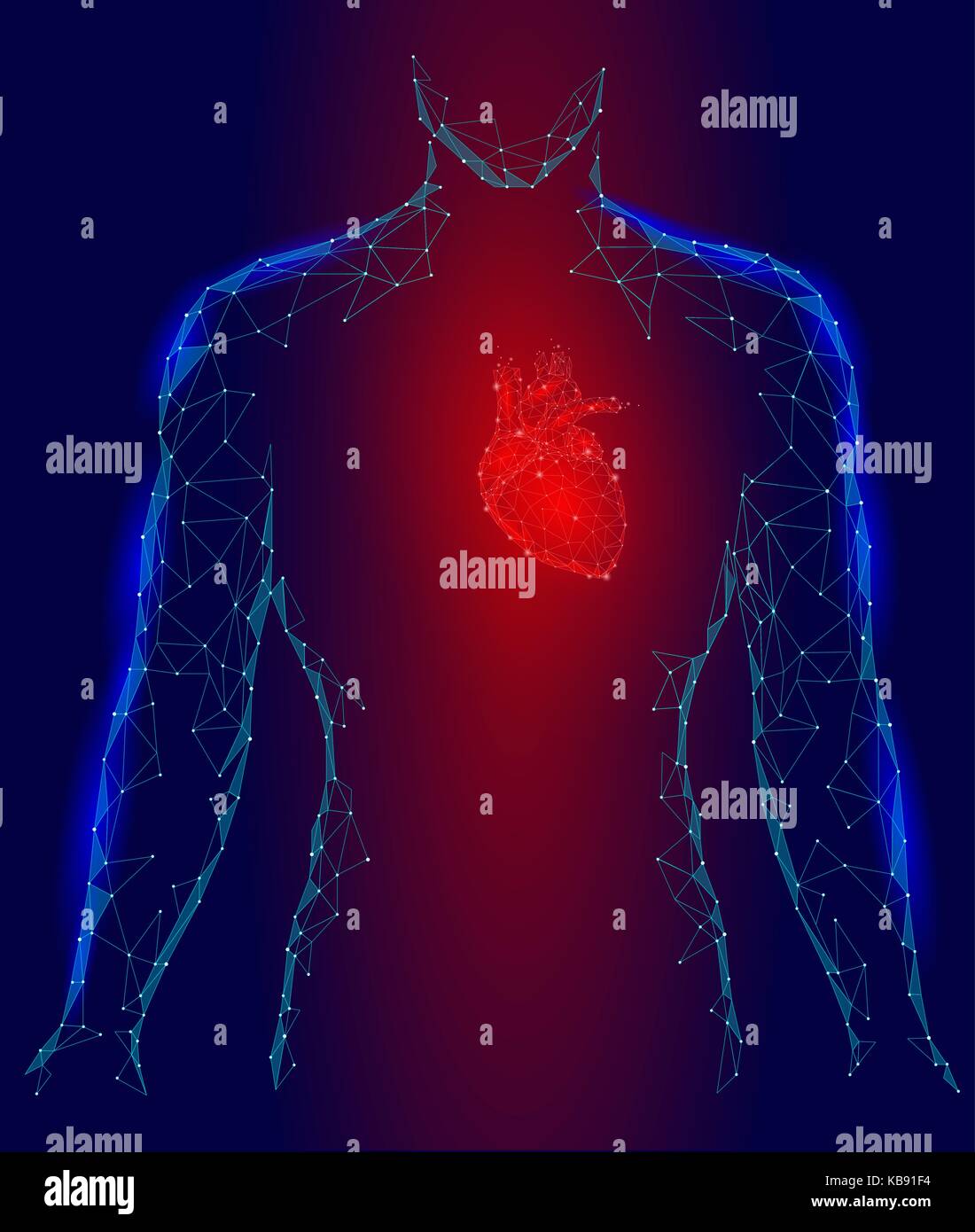L'homme silhouette coeur bat 3d modèle de maladie médecine poly. faible lueur points connectés triangle rouge sur fond bleu. point d'impulsion de la douleur du corps interne vector illustration Illustration de Vecteur
