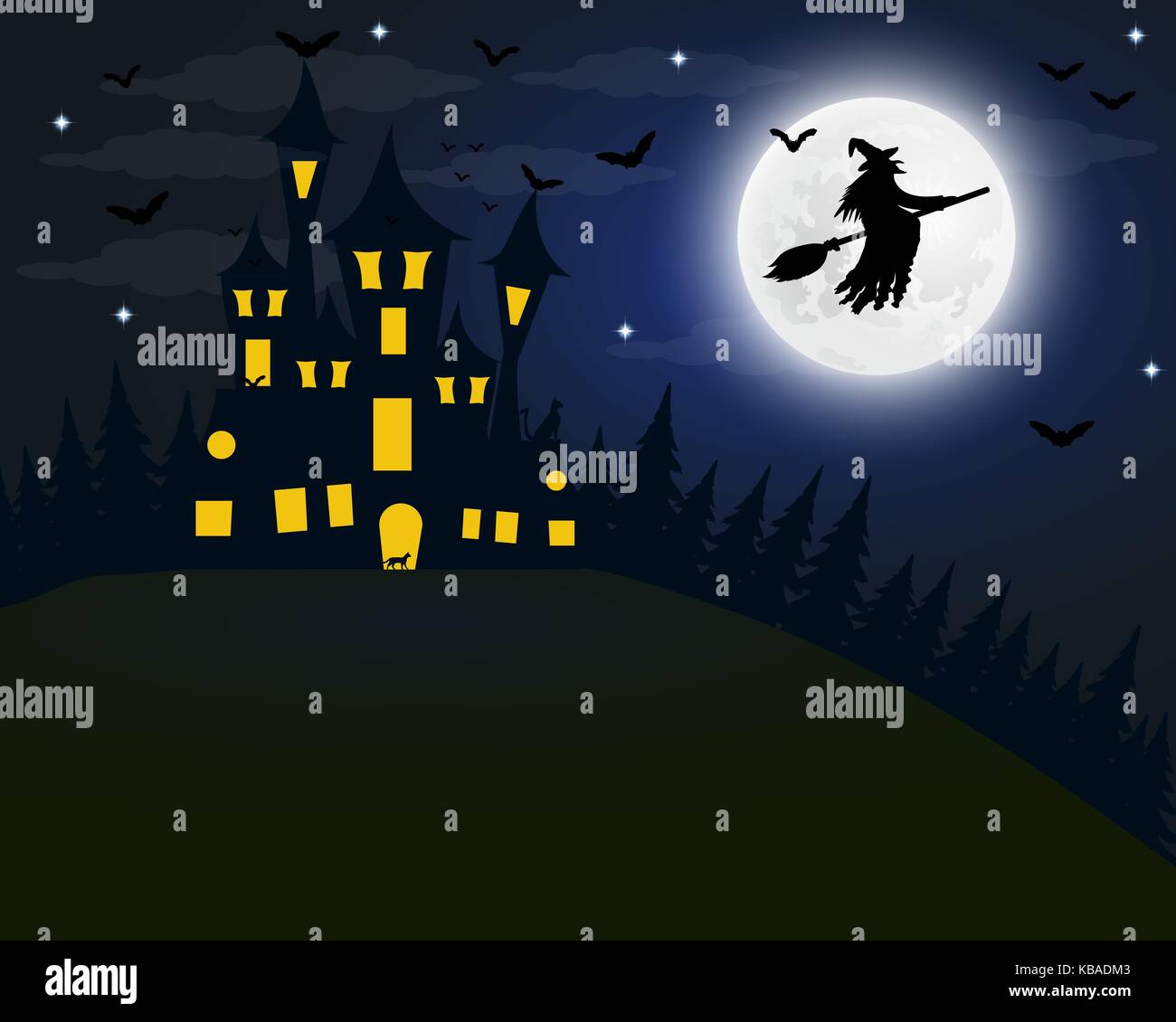 Halloween, la sorcière s maison sur la pleine lune. les chauves-souris et un vieux g Illustration de Vecteur