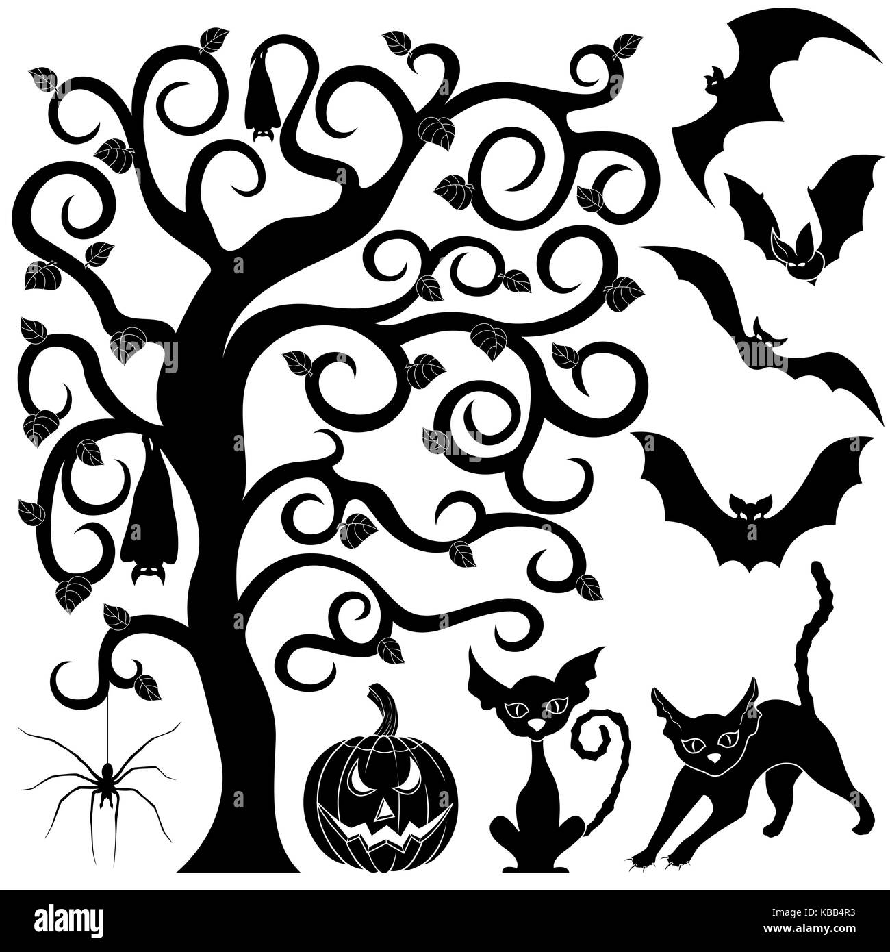 Silhouettes noires Halloween set de chauves-souris, chats, potiron et araignée autour de l'arbre incliné, vector design elements Illustration de Vecteur