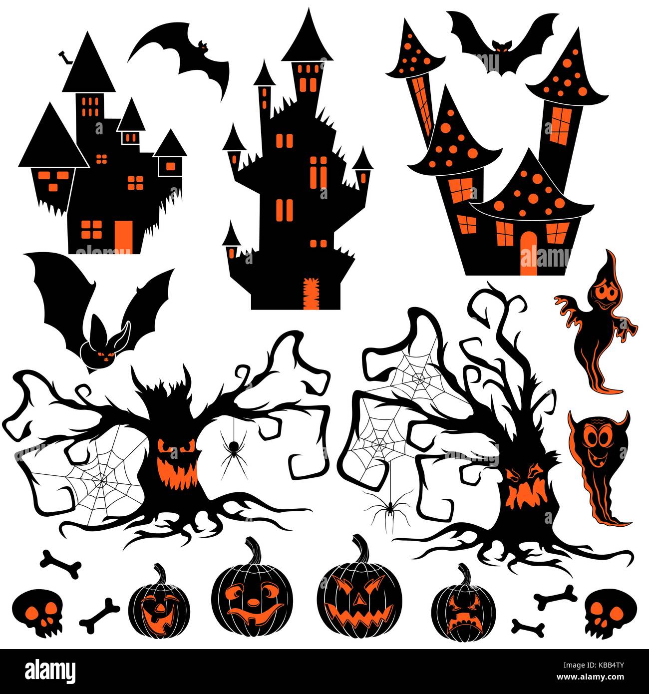 Silhouettes Halloween ensemble de châteaux, les chauves-souris, fantômes, citrouilles, araignées araignée avec colère et le mal d'arbres noueux, noir et orange élément vecteur conception Illustration de Vecteur