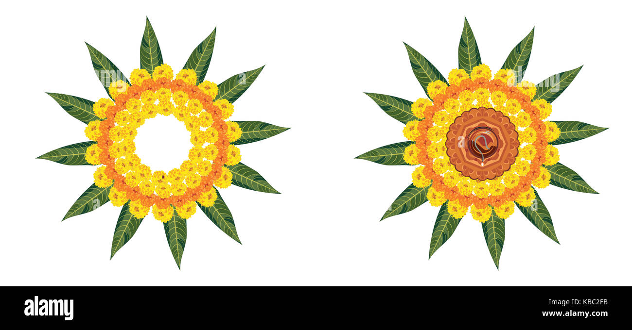 Fleur vecteur stock rangoli pour diwali ou pongal ou faite à l'aide de l'œillet d'Onam ou zendu fleurs et pétales de rose rouge sur fond blanc avec diwali di Banque D'Images