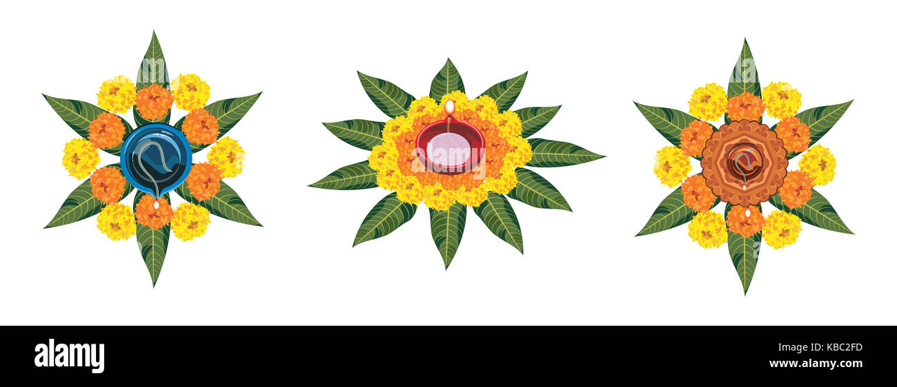 Fleur vecteur stock rangoli pour diwali ou pongal ou faite à l'aide de l'œillet d'Onam ou zendu fleurs et pétales de rose rouge sur fond blanc avec diwali di Banque D'Images