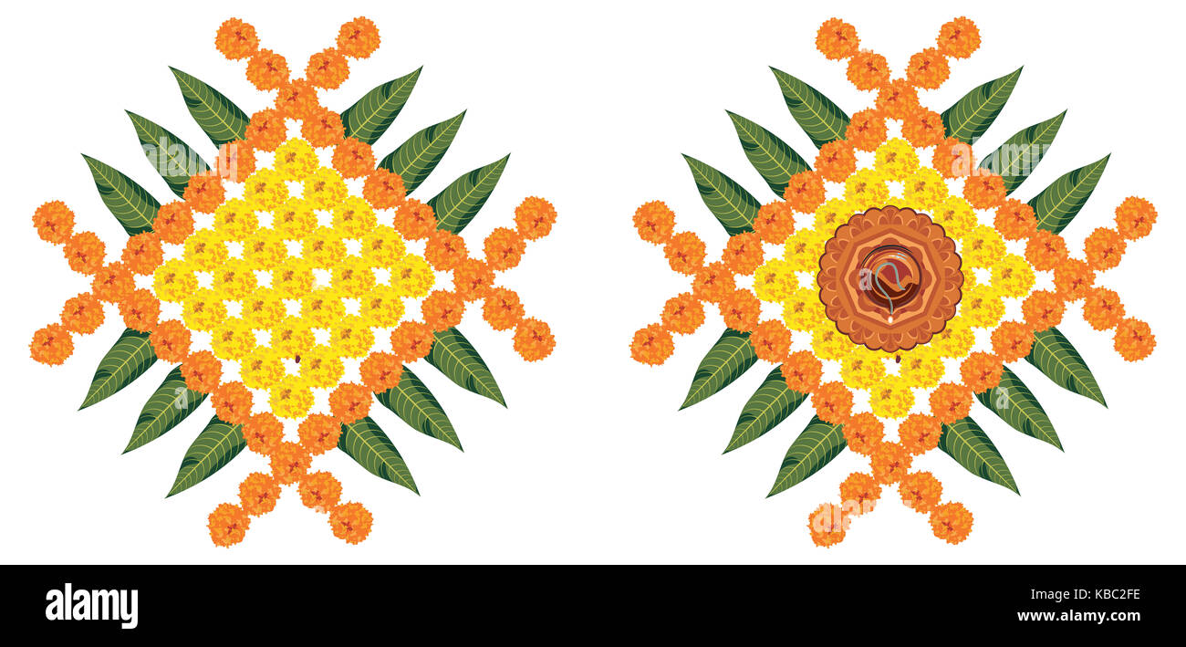 Fleur vecteur stock rangoli pour diwali ou pongal ou faite à l'aide de l'œillet d'Onam ou zendu fleurs et pétales de rose rouge sur fond blanc avec diwali di Banque D'Images