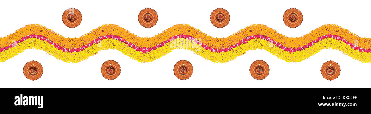 Fleur vecteur stock rangoli ou border pattern pour diwali ou pongal fait à l'aide de l'œillet ou zendu fleurs et pétales de rose rouge sur fond blanc avec Banque D'Images