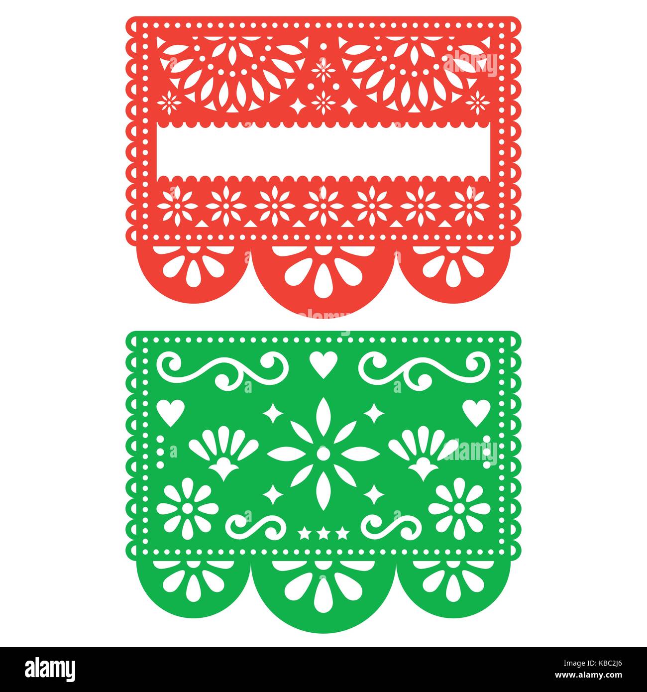 Mexican papel picado modèle vector set design, papier découpé décorations de fleurs et de formes géométriques, deux bannières parti Illustration de Vecteur
