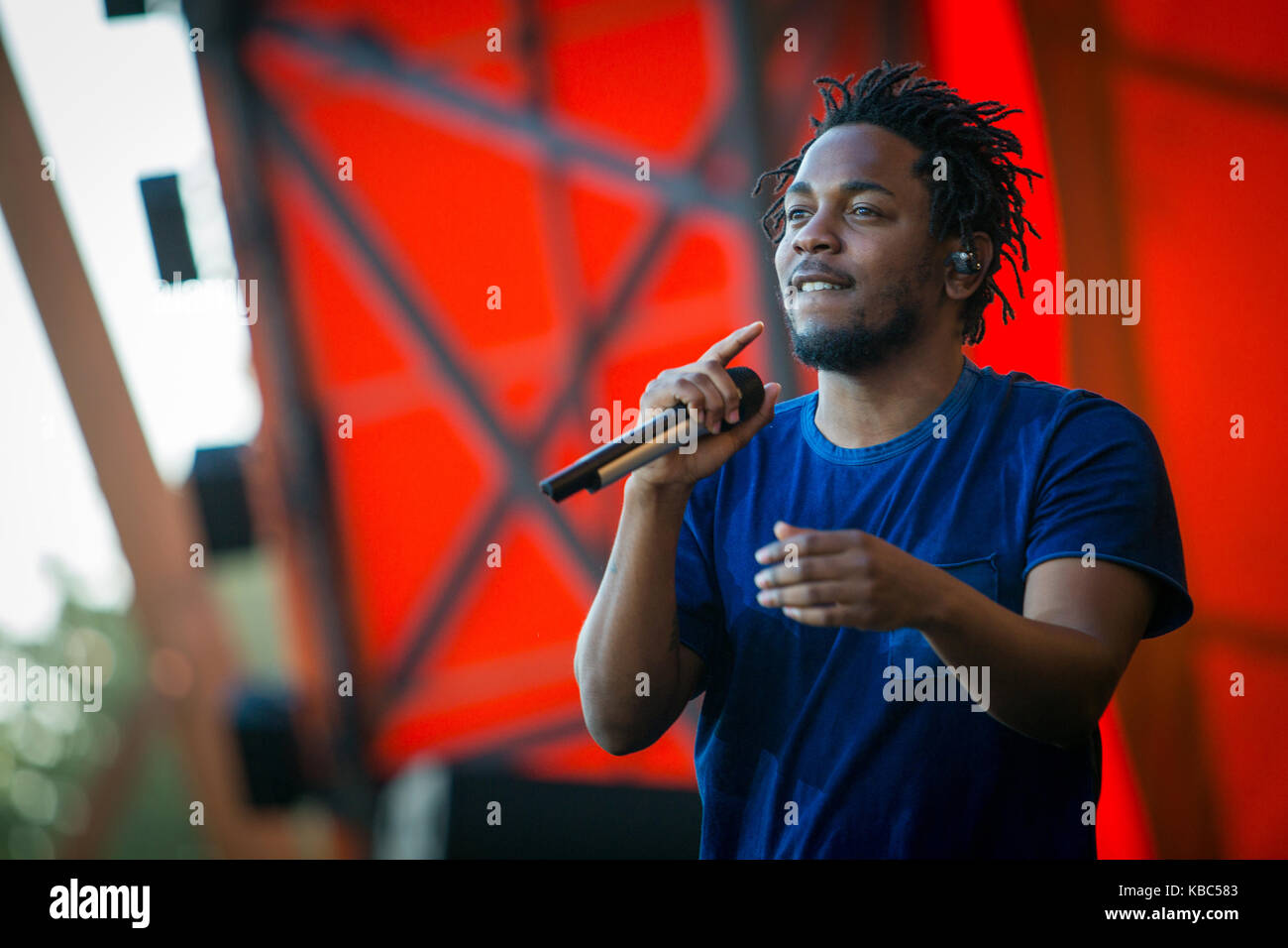 Le rappeur américain et le parolier Kendrick Lamar effectue un concert live au stade Orange au Danish music festival Festival de Roskilde 2015. Le Danemark, 03/07 2015. Banque D'Images