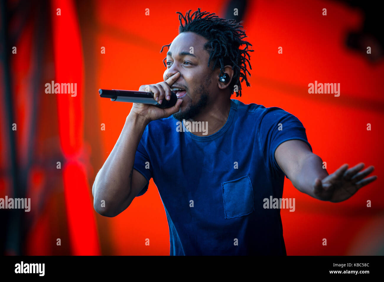 Le rappeur américain et le parolier Kendrick Lamar effectue un concert live au stade Orange au Danish music festival Festival de Roskilde 2015. Le Danemark, 03/07 2015. Banque D'Images