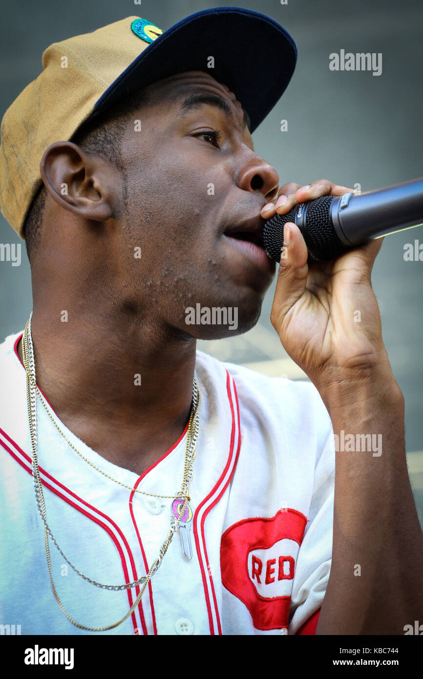 Le groupe américain de hip hop et de rap Odd future Wolf Gang Kill All (OFWGKTA) ou simplement Odd future joue un concert au festival de musique norvégien Øyafestivalen 2012. Ici le rappeur Tyler, le Créateur est photographié en direct sur scène. Norvège, 10/08 2012. Banque D'Images