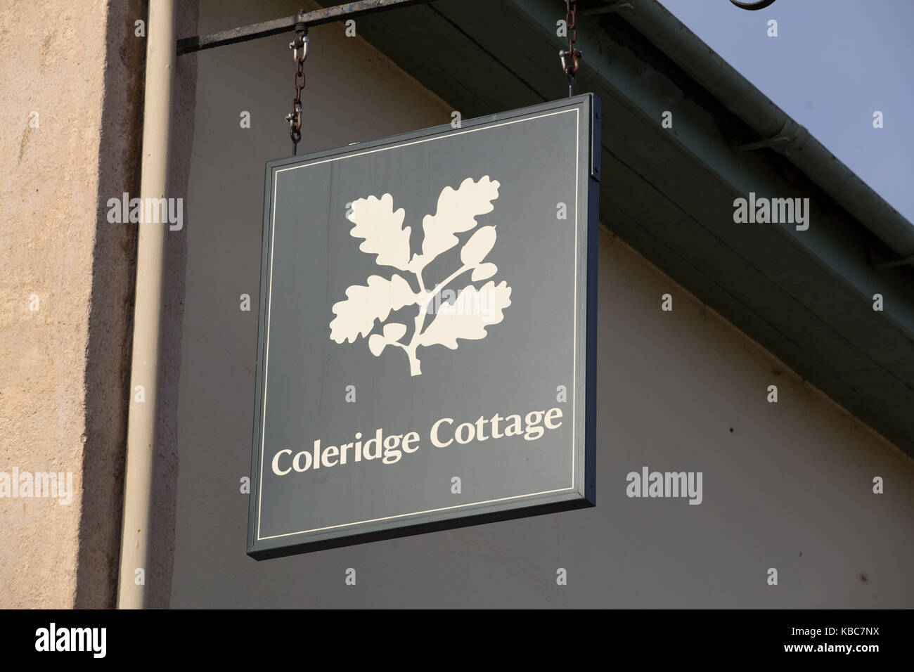 National Trust signe à Coleridge's Cottage , Somerset , Nether Stowey Banque D'Images