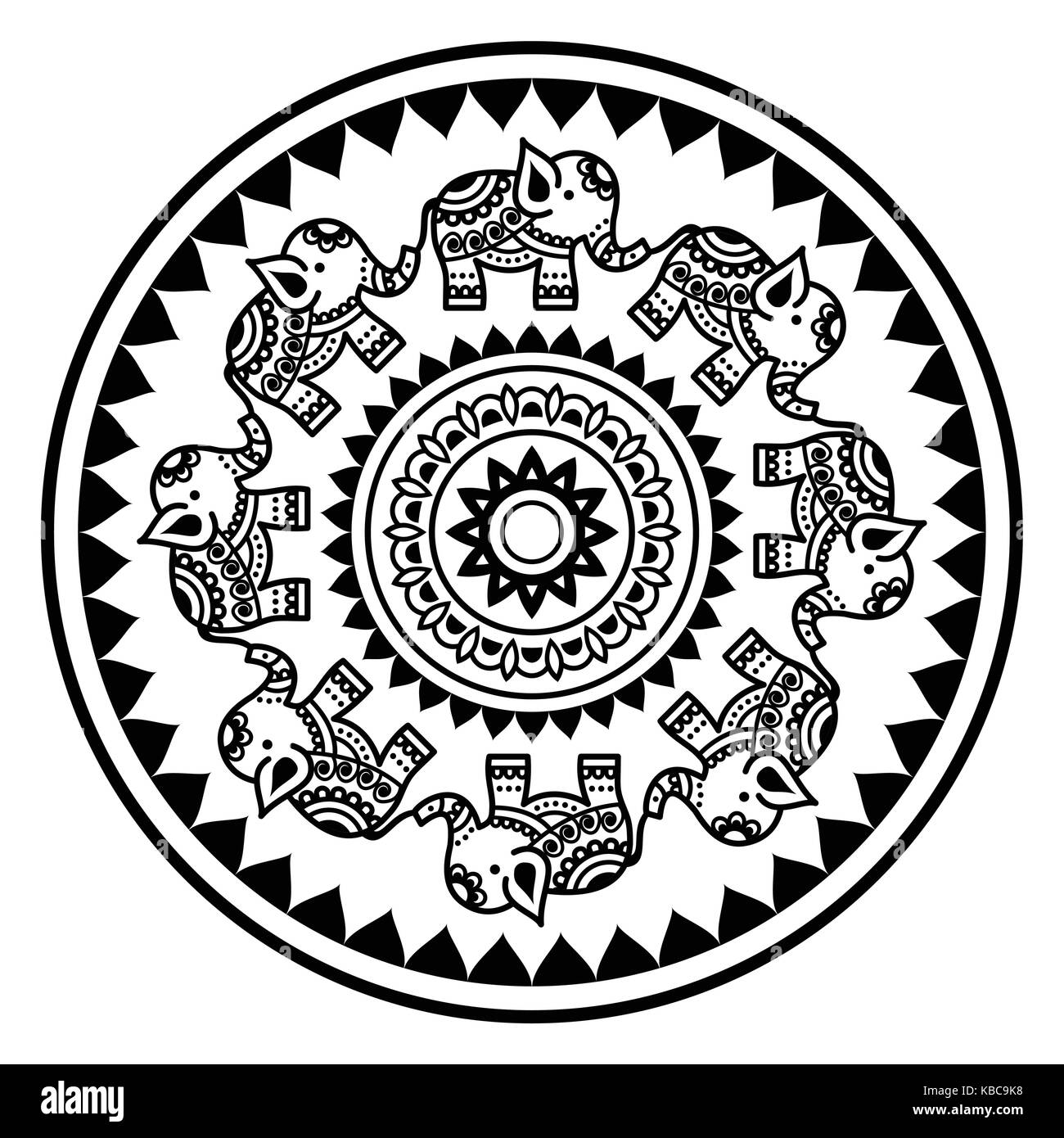 Mandala indien avec les éléphants et les formes abstraites, mehndi - tatouage au henné indien modèle vectoriel style Illustration de Vecteur