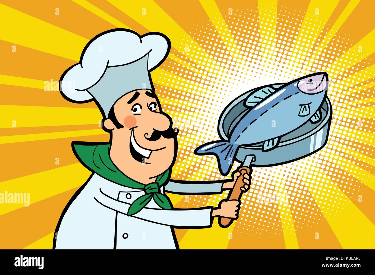 Caractère chef cuisinier avec poisson grillé Illustration de Vecteur