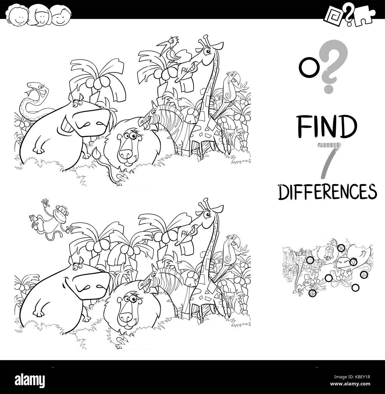 Cartoon noir et blanc illustration de trouver les différences entre les photos activité éducative jeu pour les enfants avec des personnages animaux safari gro Illustration de Vecteur