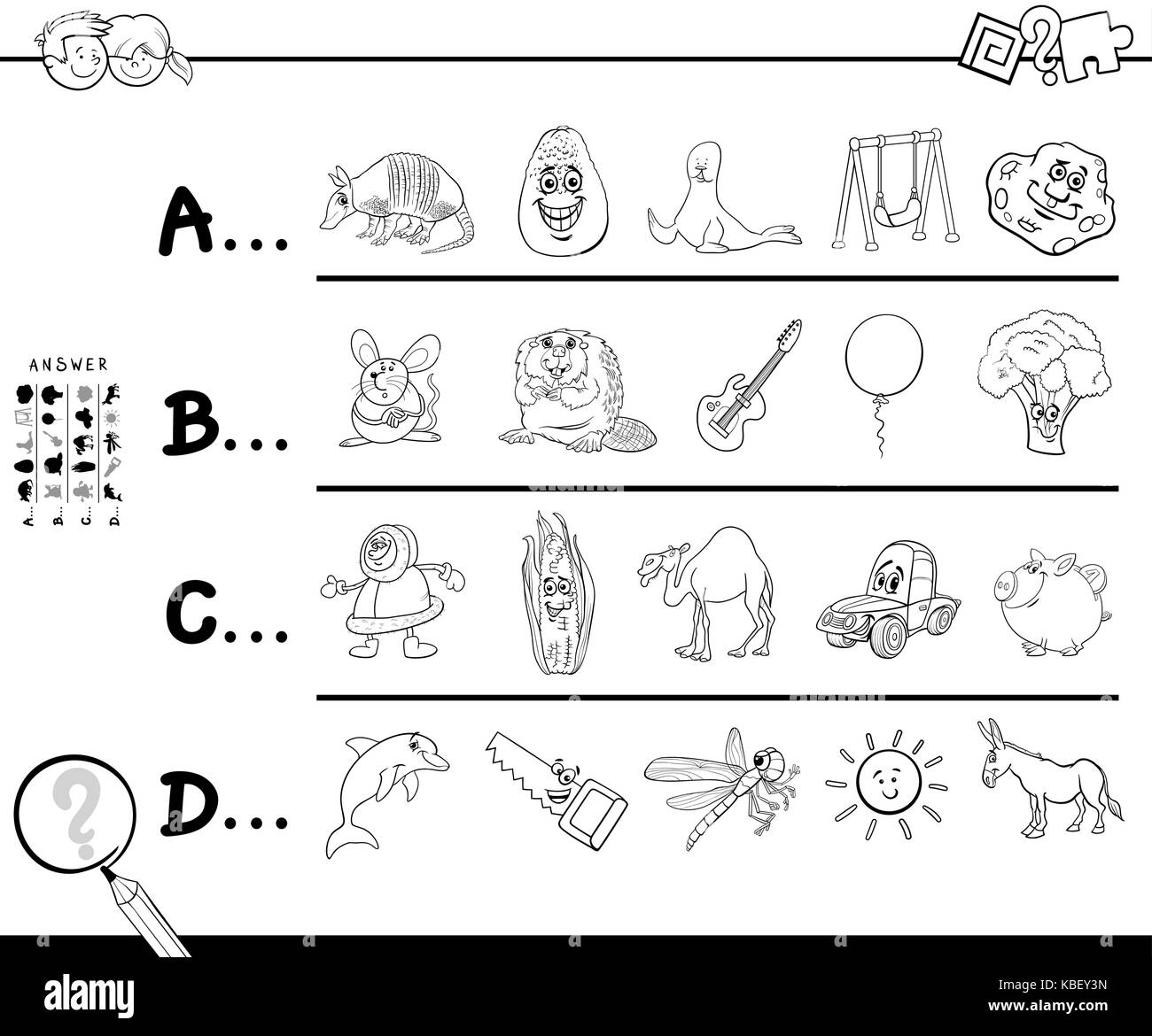 Illustration cartoon noir et blanc de trouver photo commençant par lettre visée feuille jeu éducatif pour les enfants avec des objets et des animaux Illustration de Vecteur