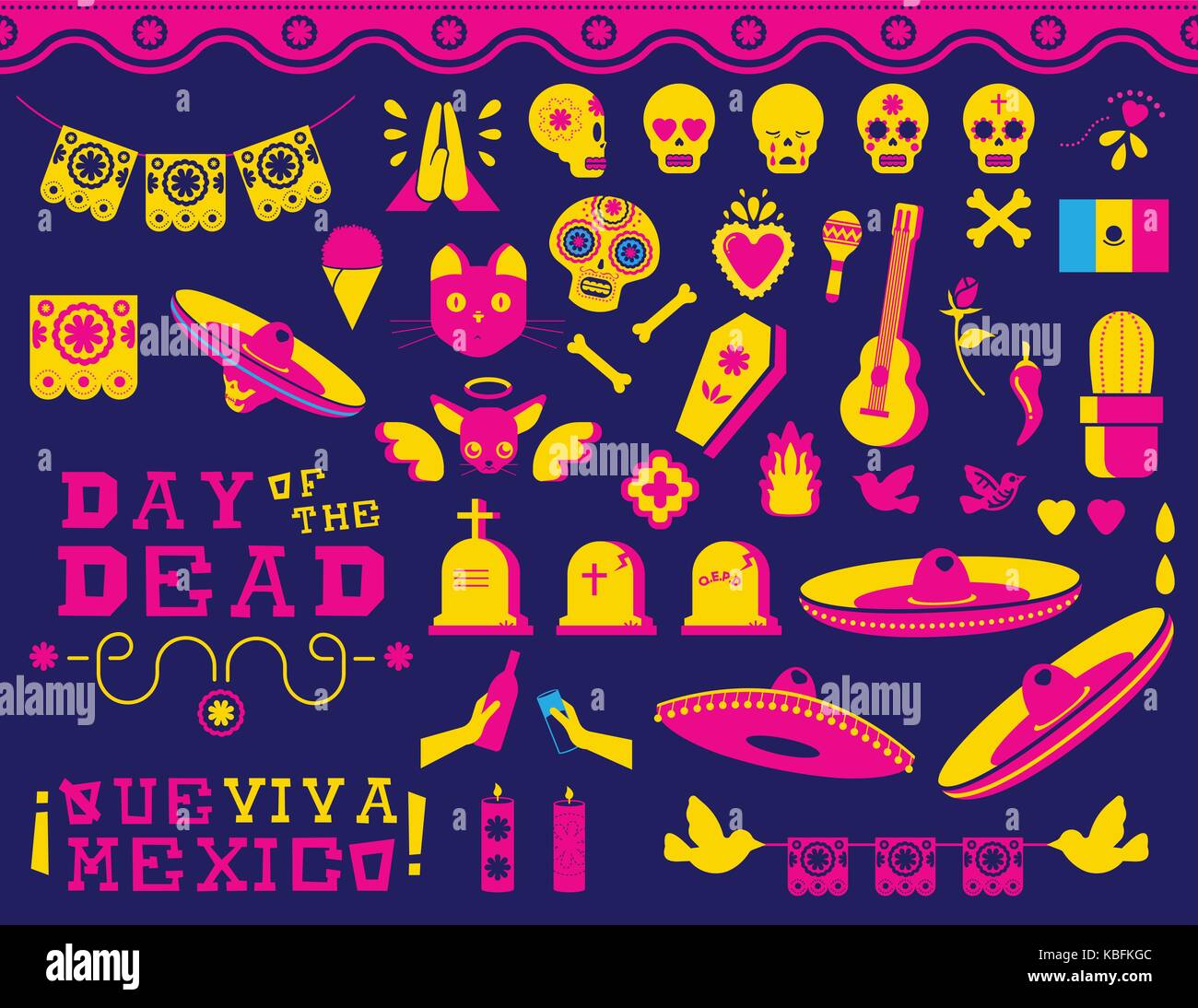 Le Jour des morts la fête traditionnelle mexicaine. icon set style moderne télévision couleur décoration dynamique comprend crâne en sucre, emoji et typographie citations Illustration de Vecteur