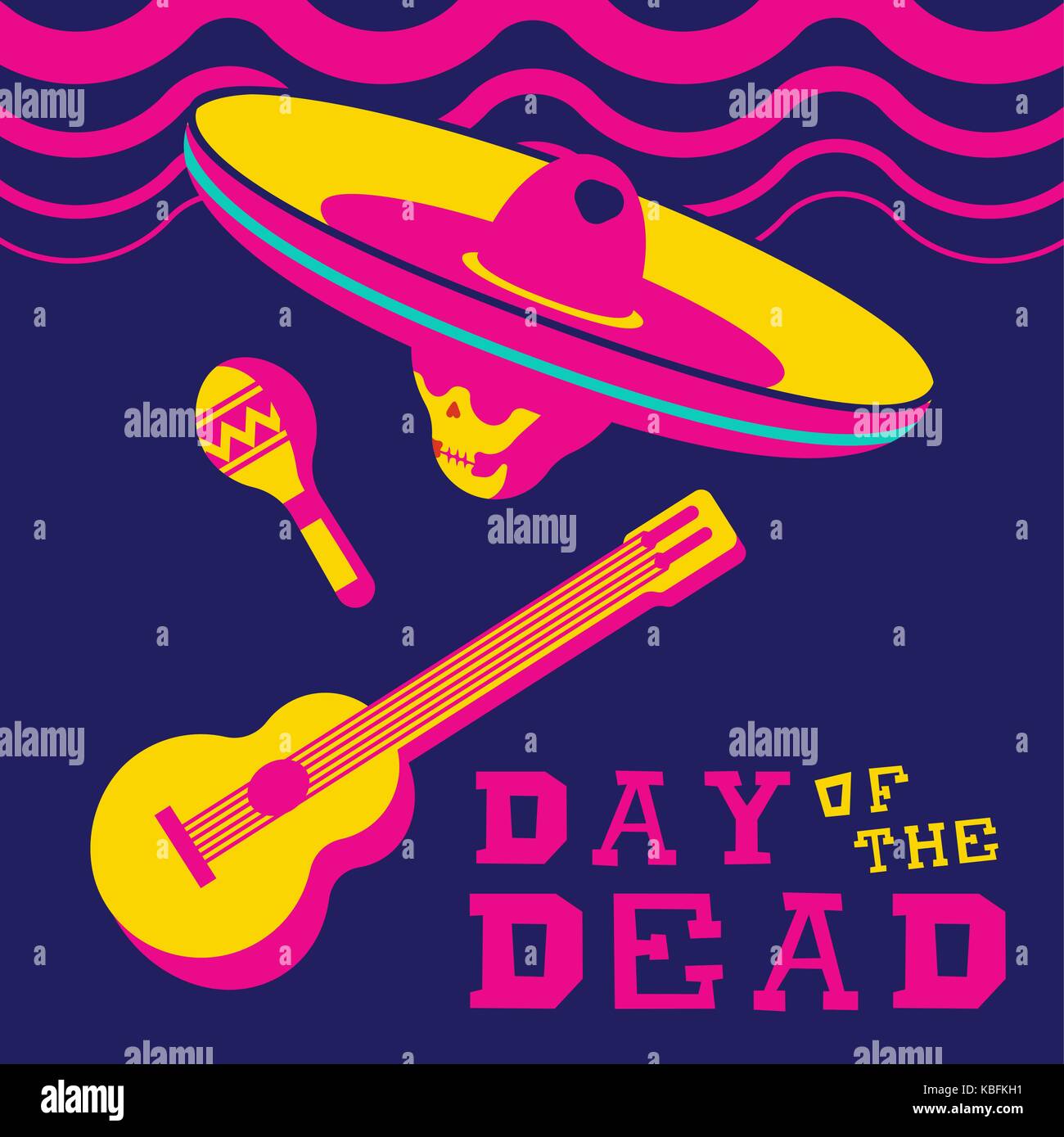 Le Jour des morts crâne traditionnel mexicain sombrero mariachi portant avec guitare et maracas. style moderne télévision couleur vibrante illustration. eps10 vecto Illustration de Vecteur