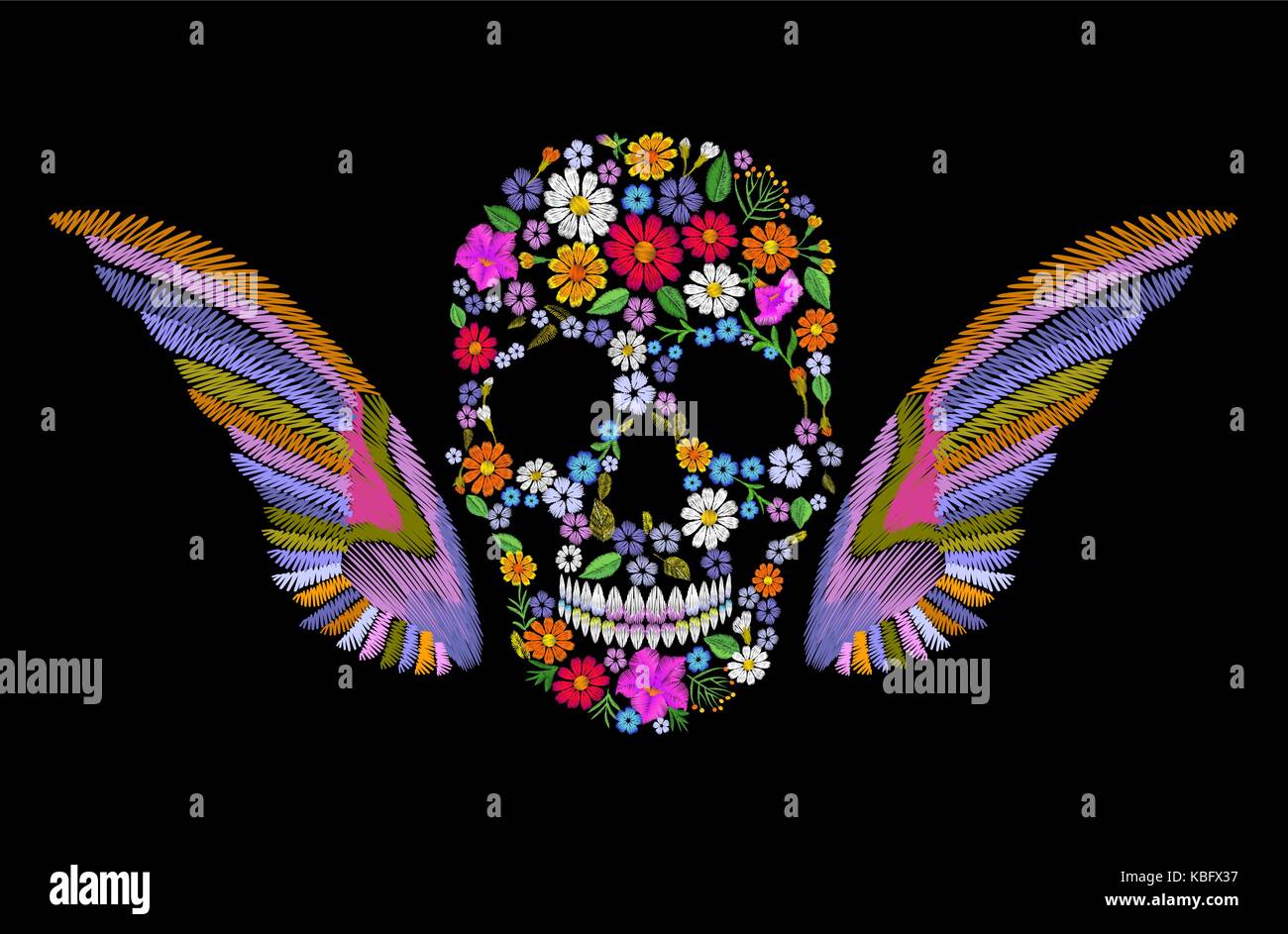 Fleur vintage brodé crâne avec des ailes. mode coloré décoration mexicaine. patch broderie couture texture vector illustration Illustration de Vecteur
