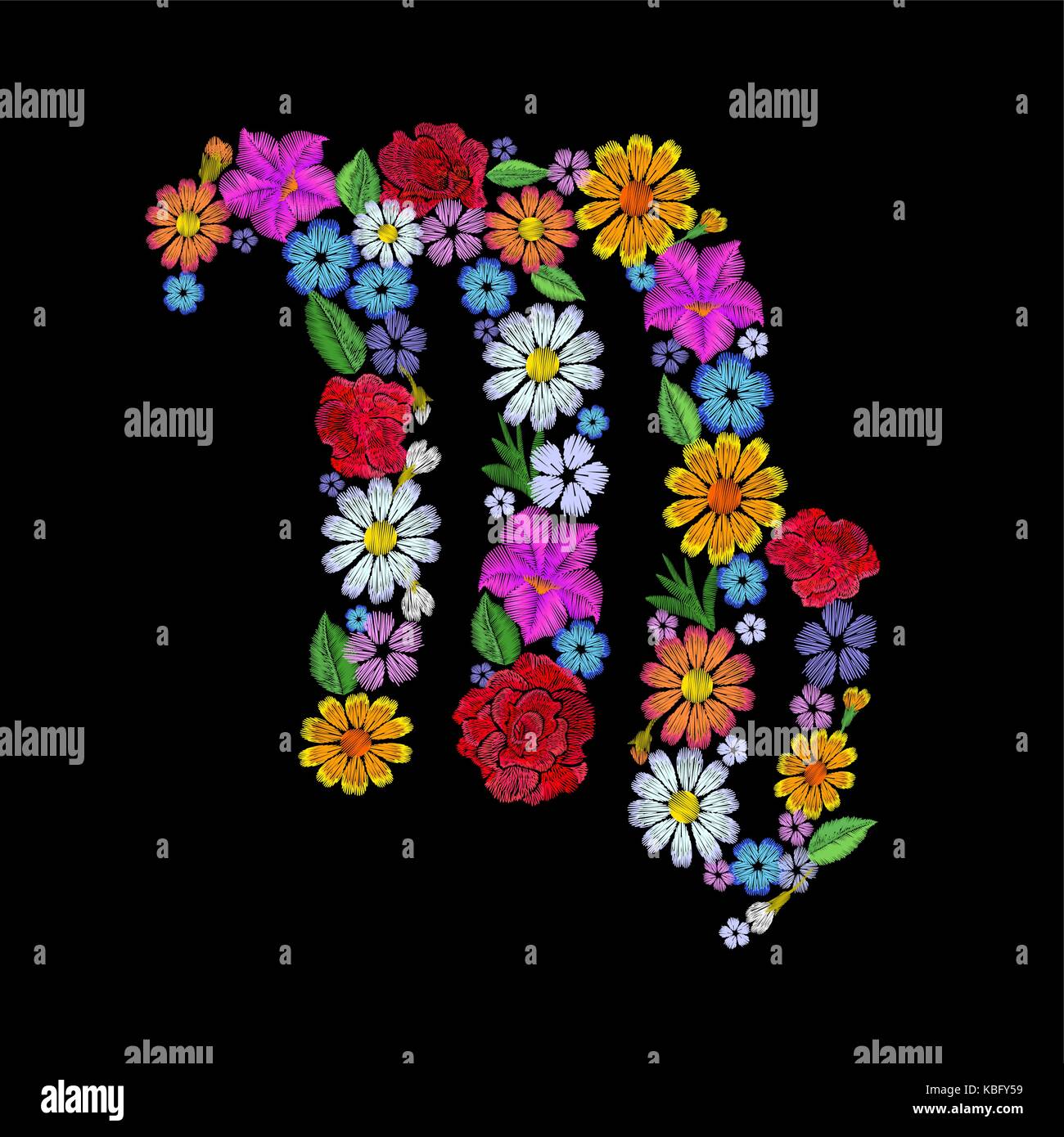 Vierge signe du zodiaque Astrologie horoscope. arrangement de fleur floral mode patch broderie modèle design. texture croix. effet d'impression textile sur fond noir vector illustration Illustration de Vecteur