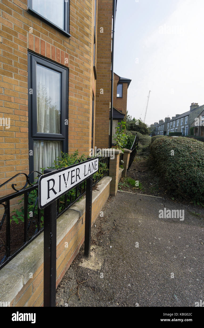 Le nom de la route plate River Lane Cambridge Banque D'Images