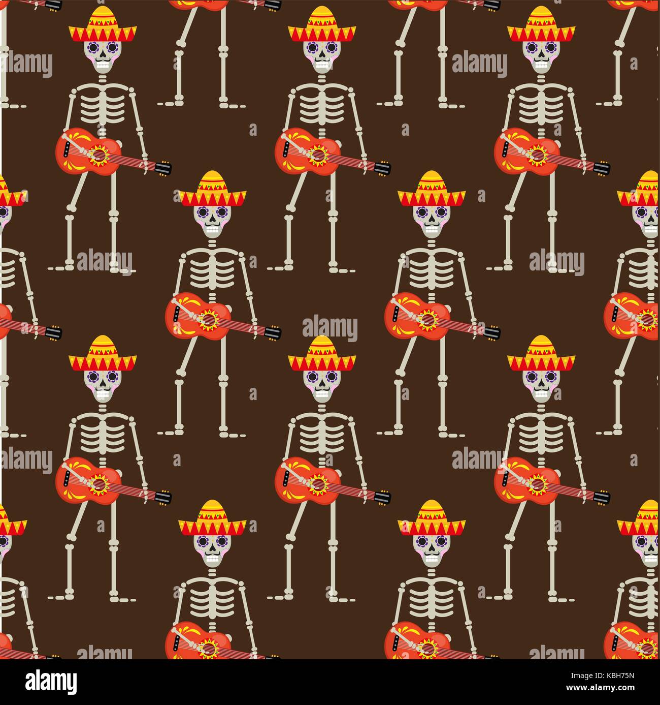 Squelette dans sambrero seamless pattern. crâne guitare répétant mexicain texture.le jour des morts ou l'arrière-plan sans fin d'halloween. vector illustration. Illustration de Vecteur
