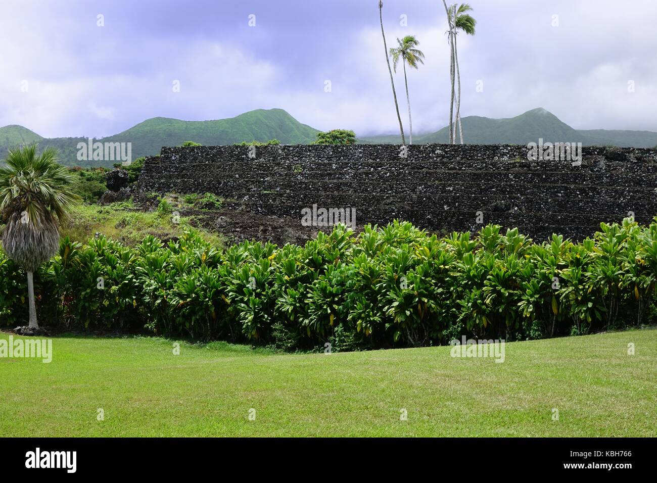 Piilanihale heiau dont le tour des roches de lave au-dessus de quelques arbres. Dignac sur jardin, Maui, l'heiau est la plus grande de Polynésie Française Banque D'Images