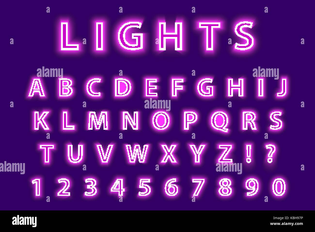 Néon rose moderne, tendance alphabet sur fond violet. conduit lettres rougeoyant. police numéro luminescents. vector illustration. Illustration de Vecteur