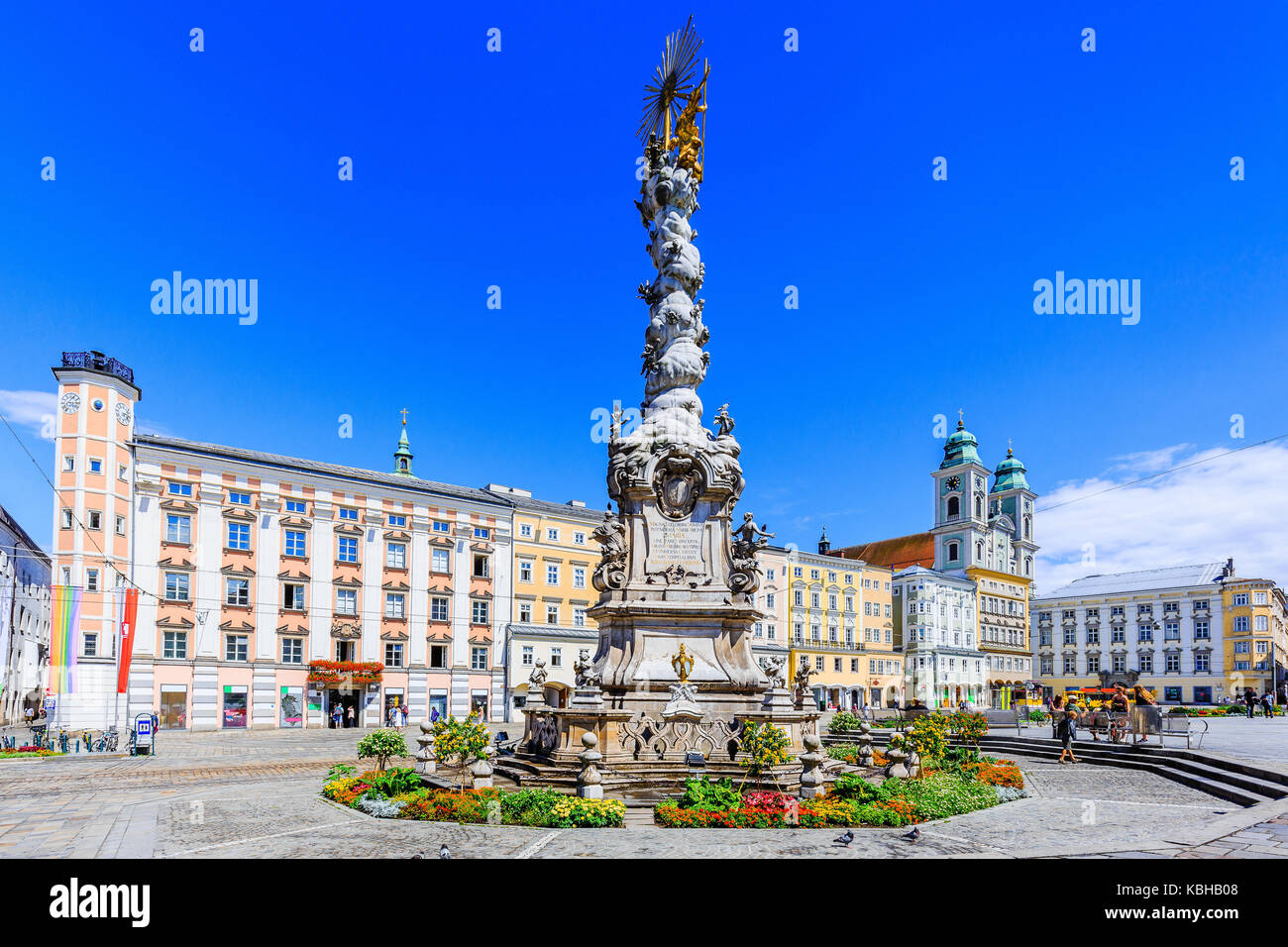 Linz, Autriche. sainte trinité colonne sur la place principale (hauptplatz). Banque D'Images