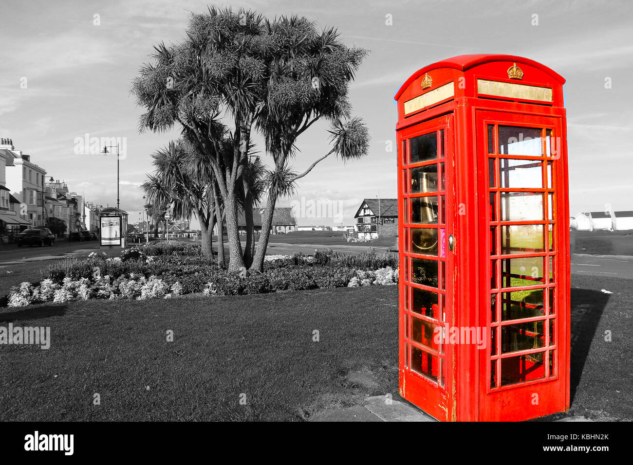 La phonebox rouge - walmer strand, noir et blanc Banque D'Images