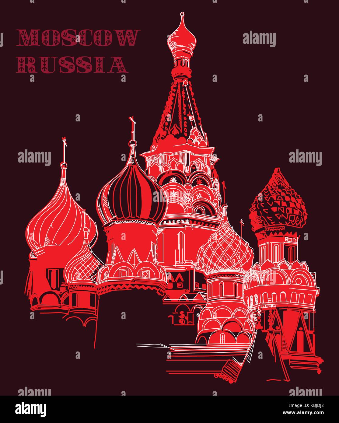 La cathédrale de Saint Basil du Kremlin (Moscou) vector dessin illustration en couleurs rouge sur fond noir Illustration de Vecteur