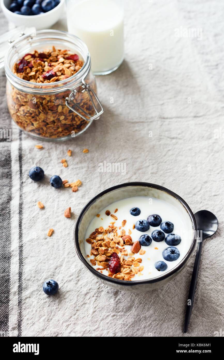 Yaourts aux myrtilles et le muesli dans un bol. vertical high angle view. une alimentation saine, régime alimentaire de collations santé fitness sport meal Banque D'Images