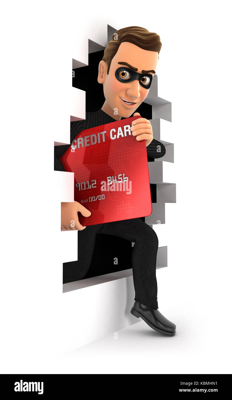 Voleur 3d émergeant dans un mur avec carte de crédit, avec illustration isolé sur fond blanc Banque D'Images