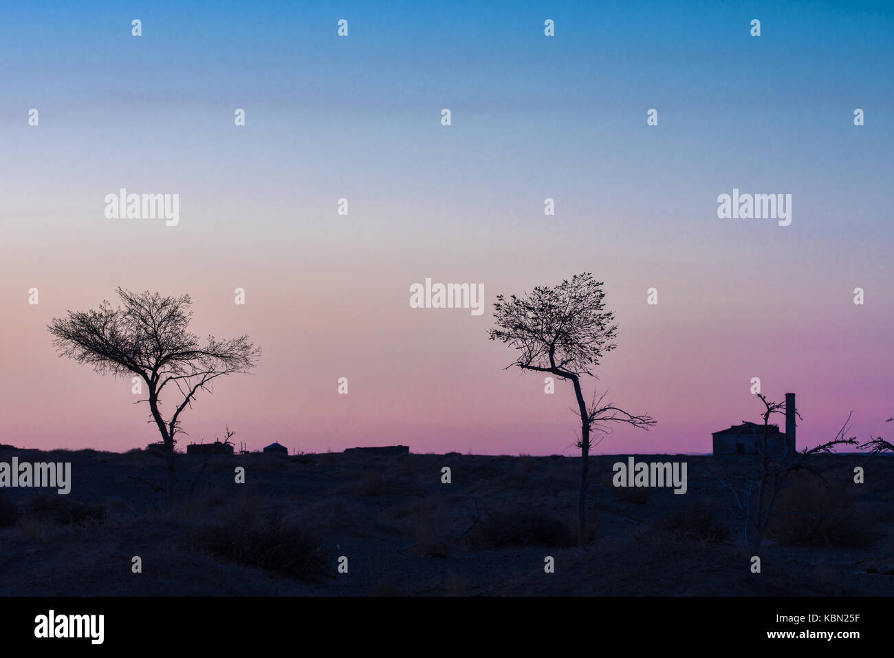 Silhouettes d'arbres sur colline avec ciel colorés sur fond de Banque D'Images