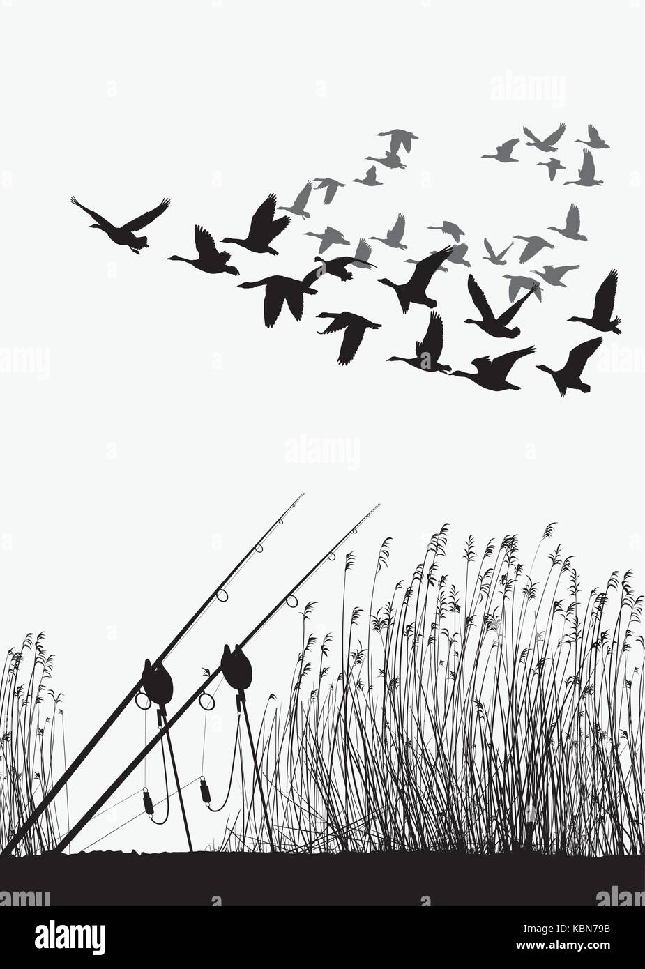 La canne à pêche sur la rive du lac et les oies Illustration de Vecteur