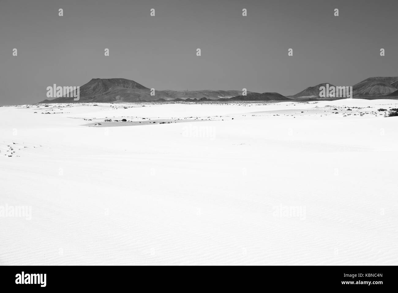 Noir et blanc large vue sur les dunes de sable de Corralejo, Fuerteventura. Banque D'Images