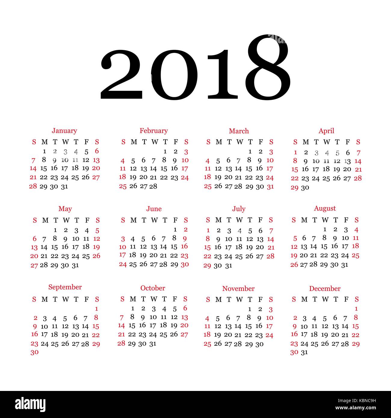 Conception simple modèle de calendrier 2018 Illustration de Vecteur