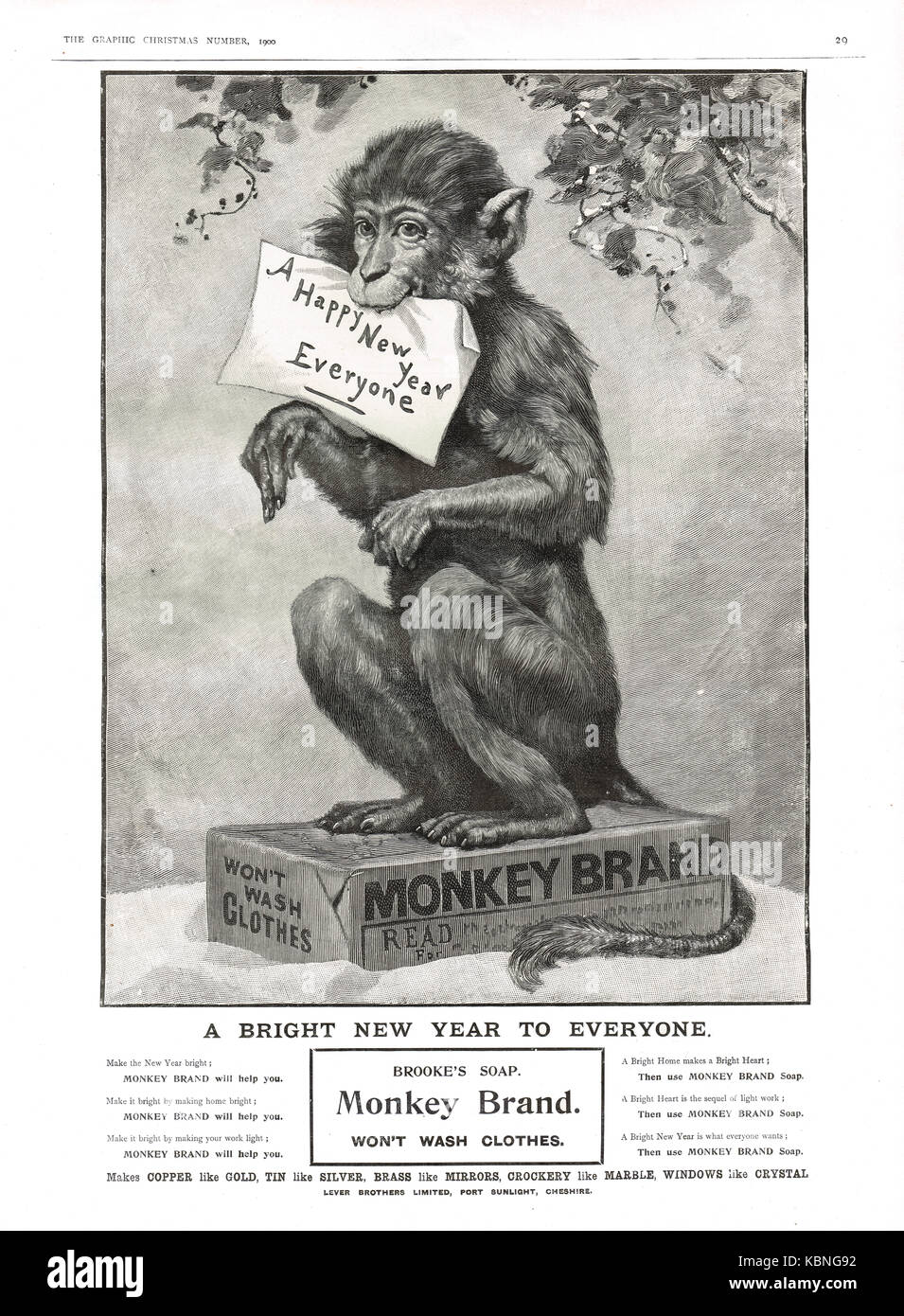 Savon de marque singe, nouvel an 1900, annonce Banque D'Images