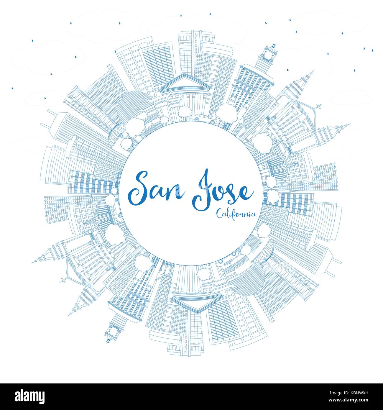 Contours San Jose en Californie avec des toits de bâtiments bleu et copier l'espace. vector illustration. business concept Voyages et tourisme Illustration de Vecteur