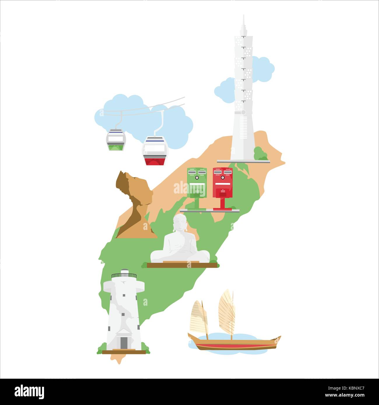 La carte de voyage de Taiwan d'illustration vectorielle avec des symboles plus célèbre 101 tapei, phare, tête queen rock, boîte aux lettres, vieux navire, station du téléphérique, un monument de Bouddha Illustration de Vecteur
