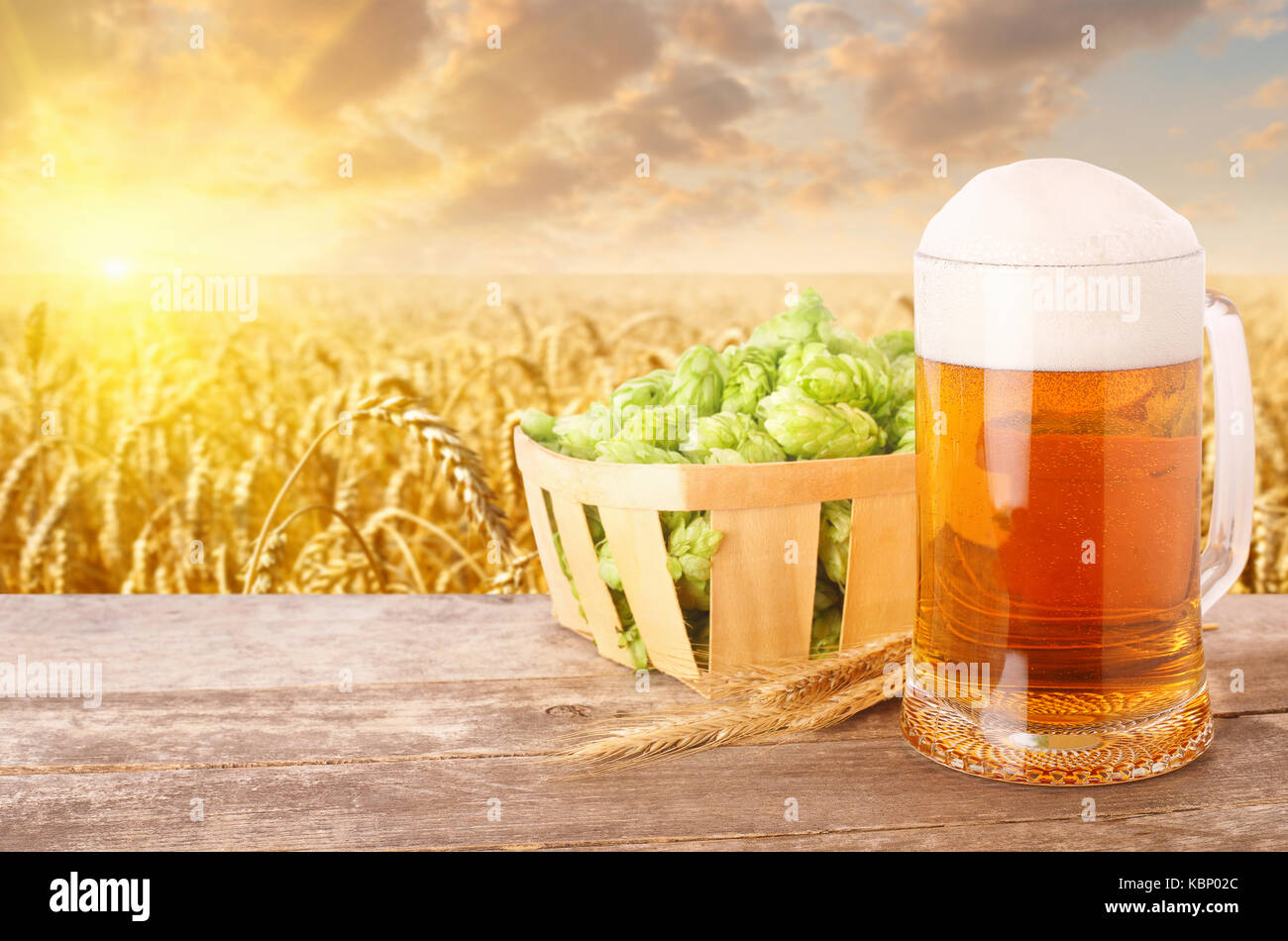 Chope de bière contre champ de blé Banque D'Images