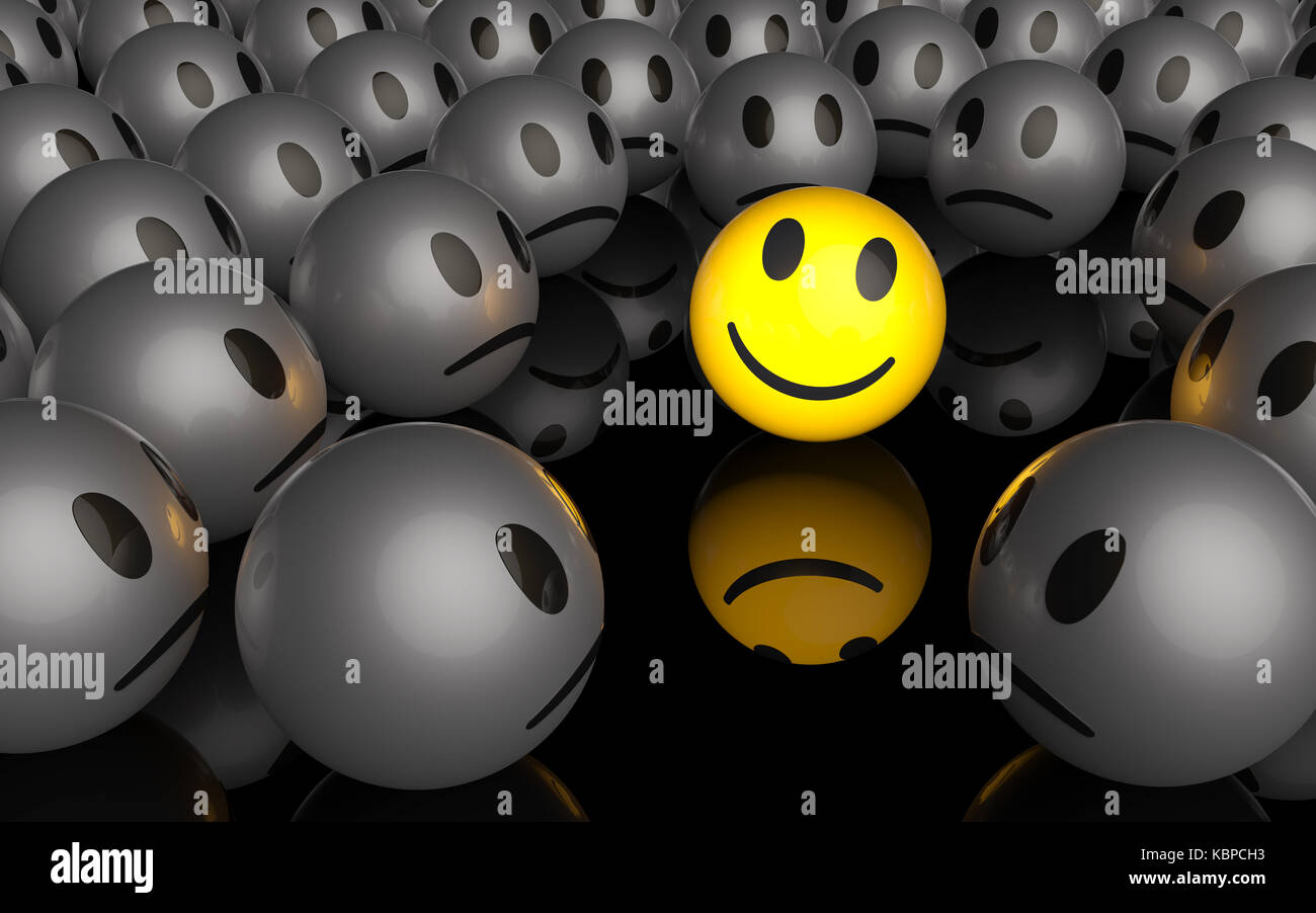 L'un est différent, un smiley jaune qui sourit dans une foule de malheureux smileys, rendu 3D Banque D'Images