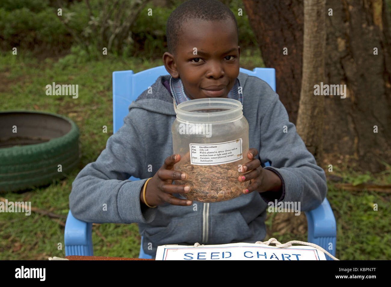 Young smiling african boy holding pot de graines d'arbres indigènes langa langa school kenya Banque D'Images