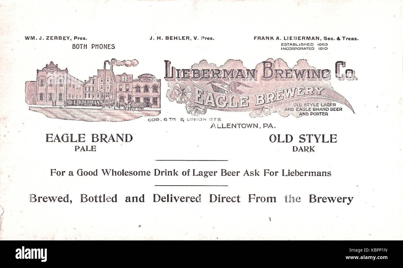 1911 Lieberman Eagle Brewery Trade Card Allentown PA Banque D'Images