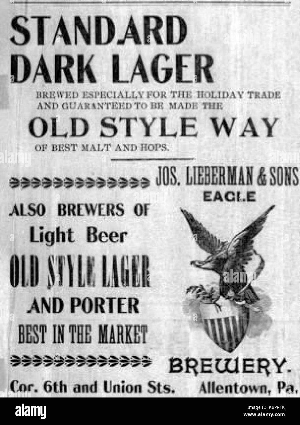 1898 Eagle Brewery Ad 3 Jan MC Allentown PA Banque D'Images