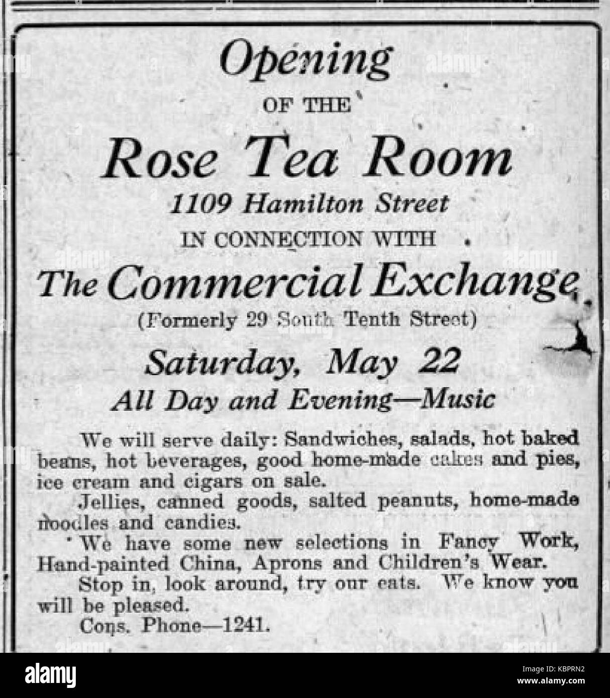 Salon de Thé Rose 1920 Annonce 20 mai MC Allentown PA Banque D'Images